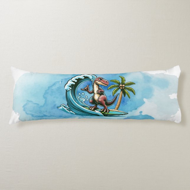 Surfing tropical dinosaur body pillow (Front)