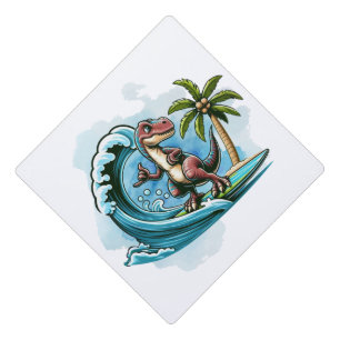 Surfing tropical dinosaur graduation cap topper
