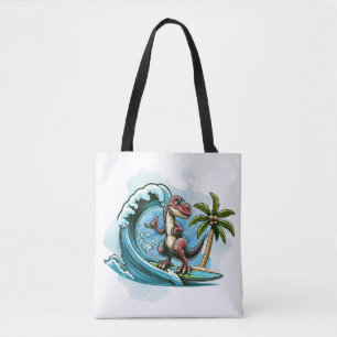 Surfing tropical dinosaur tote bag
