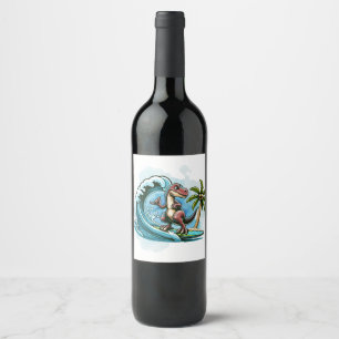 Surfing tropical dinosaur wine label