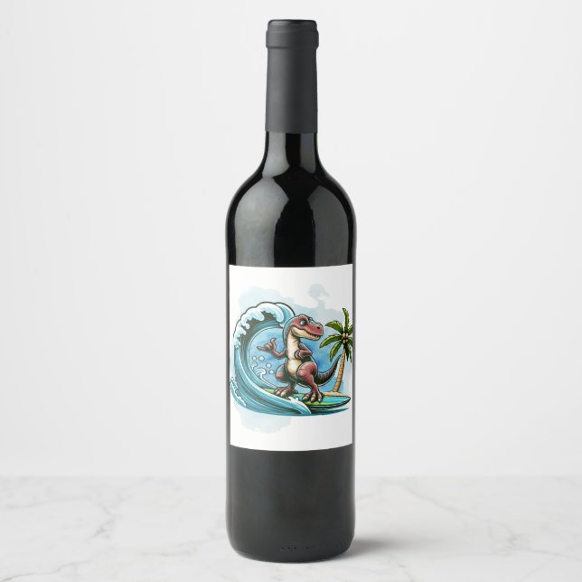 Surfing tropical dinosaur wine label (Front)