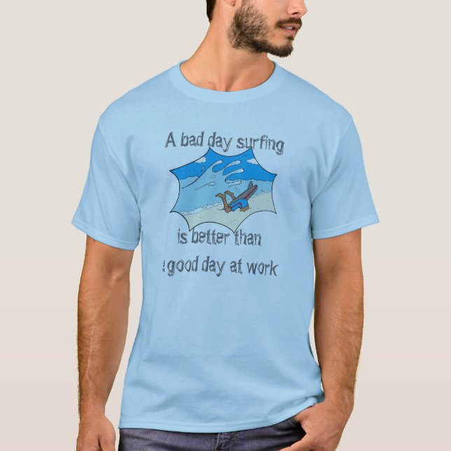 Surfing vs. Work with funny cartoon T-Shirt (Front)