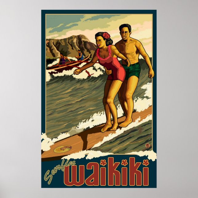 Surfing Waikiki - Honolulu, Hawaii Travel Poster (Front)