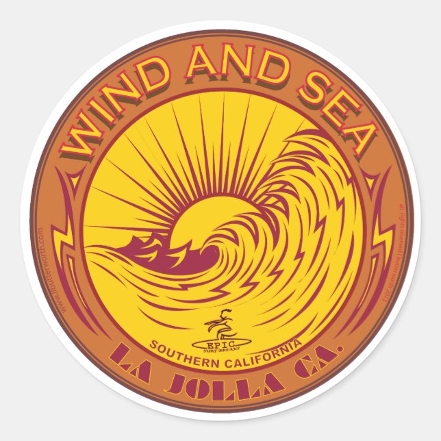 SURFING WIND AND SEA LA JOLLA CALIFORNIA CLASSIC ROUND STICKER (Front)