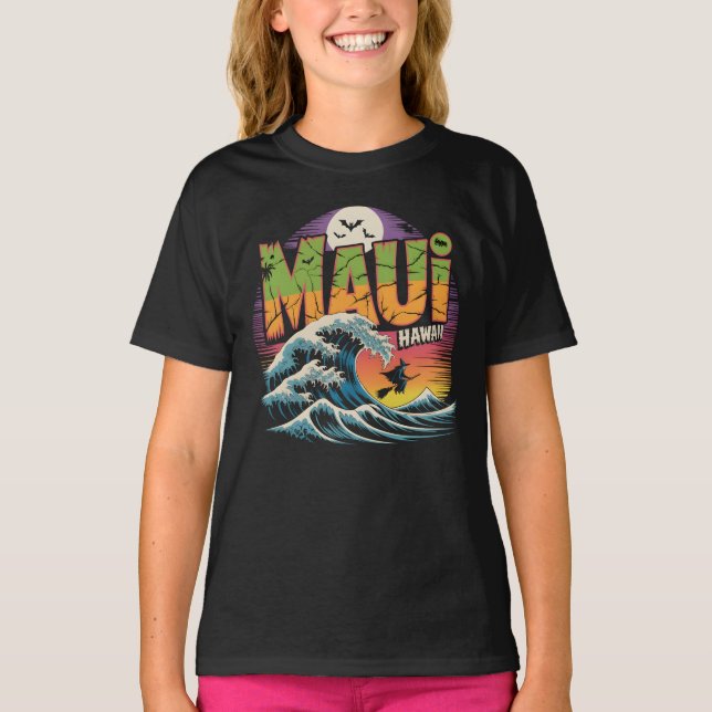 Surfing Witch on Broom Maui Hawaii Halloween T-Shirt (Front)