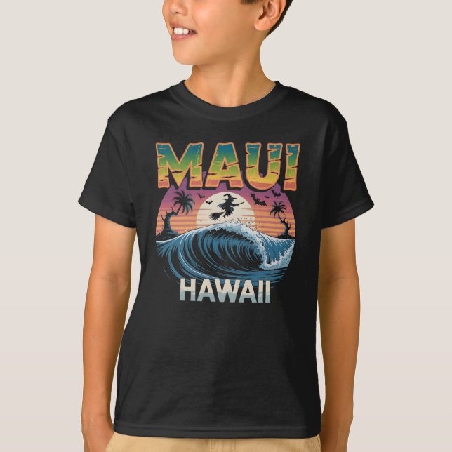 Surfing Witch on Broom Maui Hawaii Halloween T-Shirt (Front)