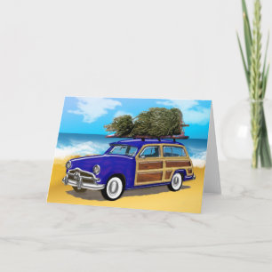 Surfing Woodie with Christmas Tree Holiday Card