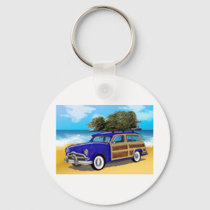 Surfing Woodie with Christmas Tree Keychain