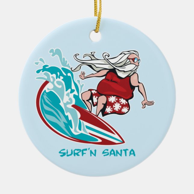 Surf'n Santa Ceramic Ornament (Front)
