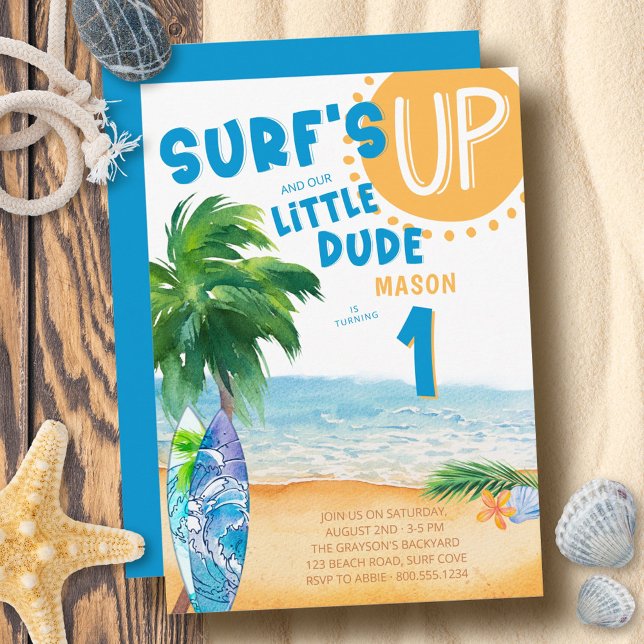 Surfs Up Any Age Little Dude Surfing Birthday Invitation (Creator Uploaded)