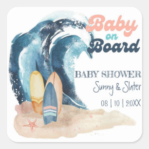 Surf's Up Baby On Board Beach Baby Shower Square Sticker