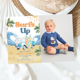 Surfs Up Beach 1st Birthday Party Photo Invitation