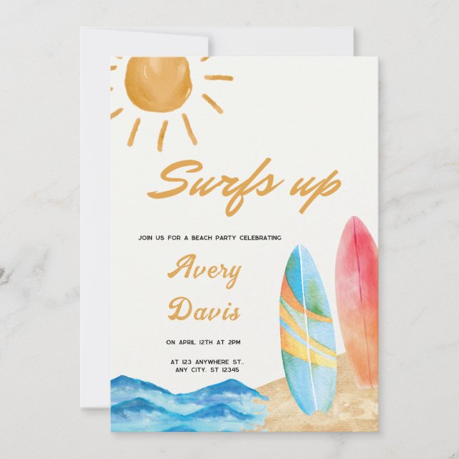 Surfs up Beach boy Birthday Party  Invitation (Front)