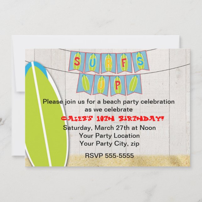 Surfs up Beach Party Surfboard Surfing Invitation (Front)