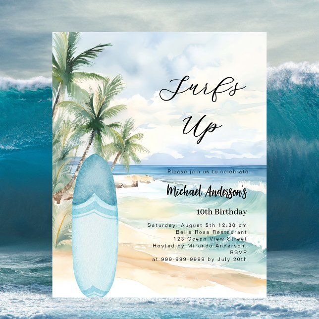 Surf's up beach surfboard birthday invitation (Creator Uploaded)