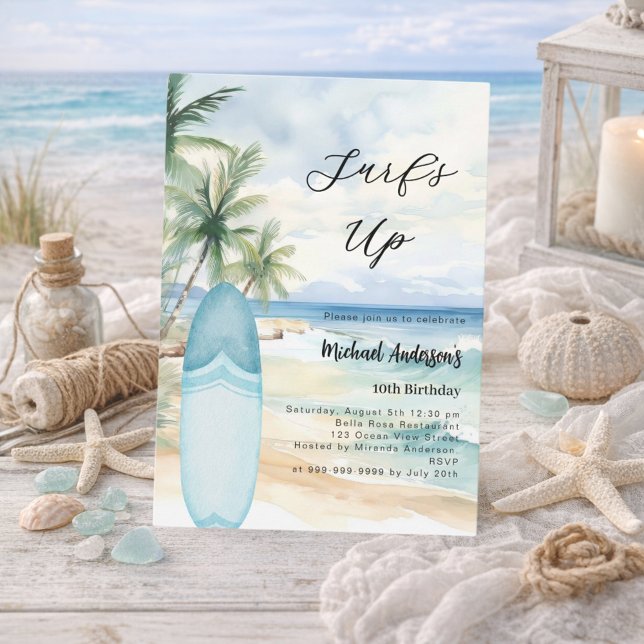 Surf's up beach surfboard boy birthday party invitation (Creator Uploaded)