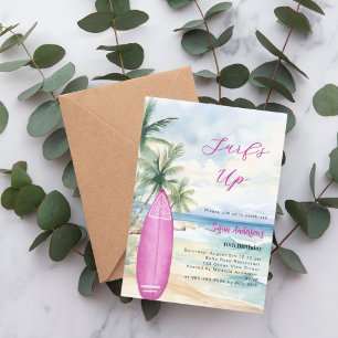 Surf's up beach surfboard pink girl birthday party invitation