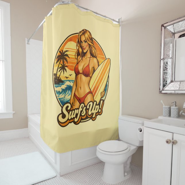 Surf's Up Bikini Pin-Up | Retro Surf Shop Graphic (In Situ)