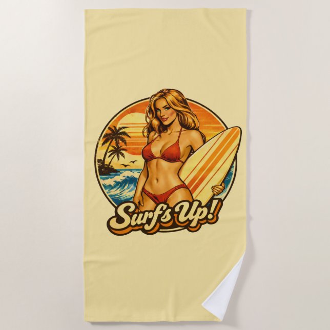 Surf's Up Bikini Pin-Up | Retro Surf Shop Graphic Beach Towel (Front)