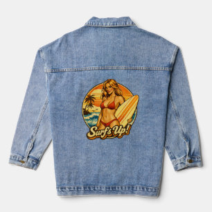 Surf's Up Bikini Pin-Up   Retro Surf Shop Graphic Denim Jacket
