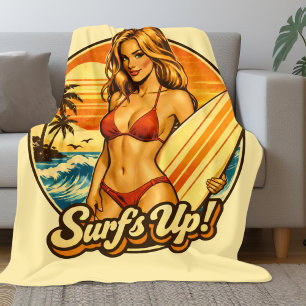 Surf's Up Bikini Pin-Up   Retro Surf Shop Graphic Fleece Blanket