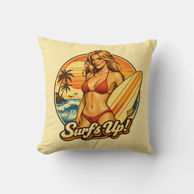 Surf's Up Bikini Pin-Up | Retro Surf Shop Graphic Throw Pillow (Front)
