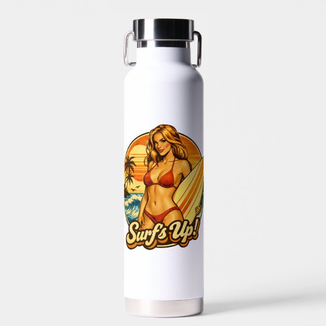 Surf's Up Bikini Pin-Up | Retro Surf Shop Graphic Water Bottle (Front)