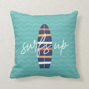 Surfs Up blue surfboard and waves Throw Pillow