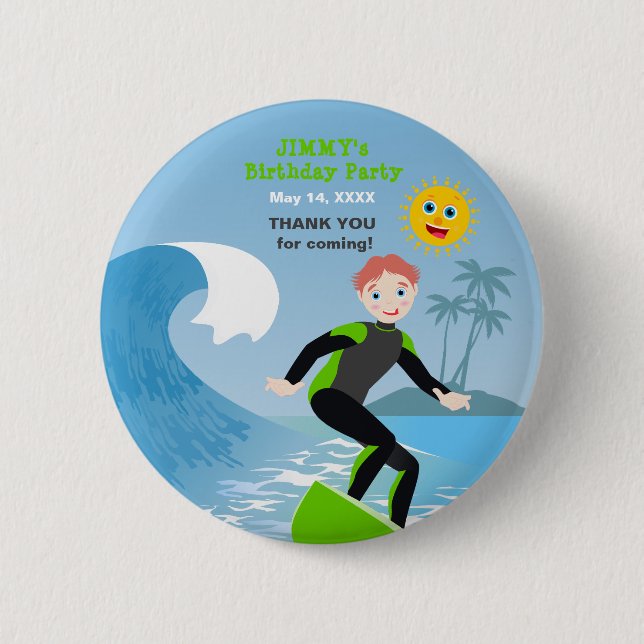 Surf's up boy Birthday Party 2 Inch Round Button (Front)