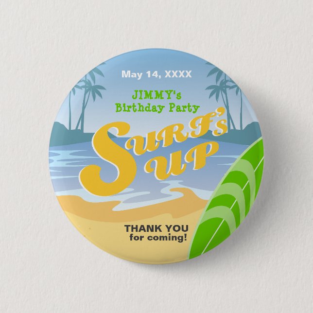 Surf's up boy Birthday Party 2 Inch Round Button (Front)