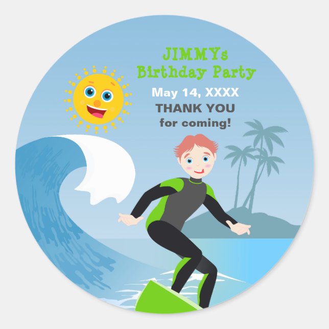 Surf's up boy Birthday Party Classic Round Sticker (Front)