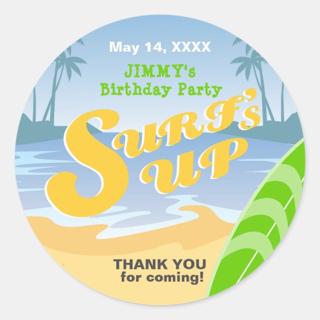 Surf's up boy Birthday Party Classic Round Sticker (Front)