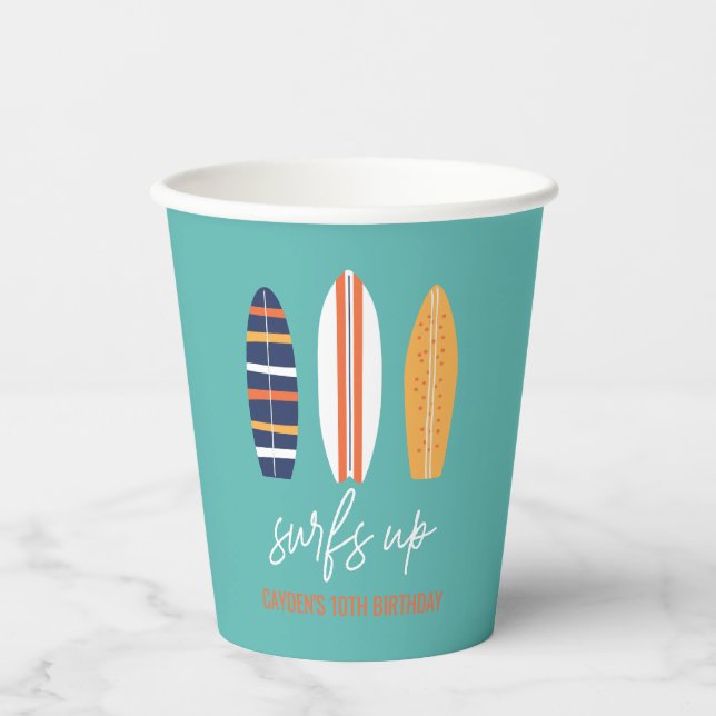 Surfs Up BOY Surfboard beach Birthday Party Paper Cups (Front)