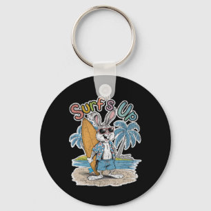 Surfs Up Bunny Rabbit Surfer Surf Board Summer Ret Keychain