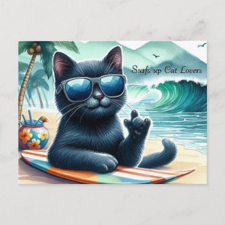 Surfs up Cat Lovers Cool Black Cat Postcard