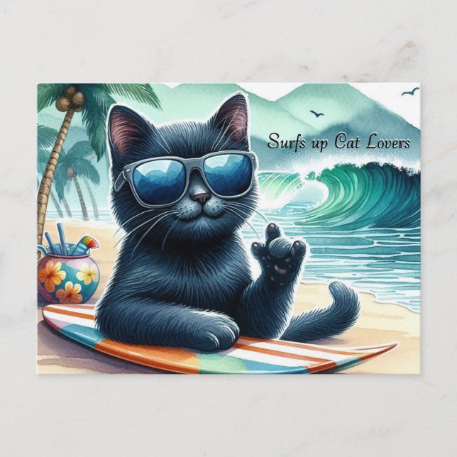 Surfs up   Cat Lovers Cool Black Cat  Postcard (Front)
