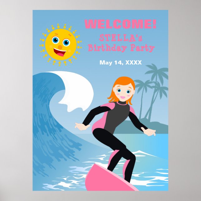 Surf's up Girly Birthday Party Poster (Front)