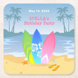 Surf's up Girly Birthday Party Square Paper Coaster