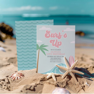 Surfs Up Pink Beach Birthday Invitation