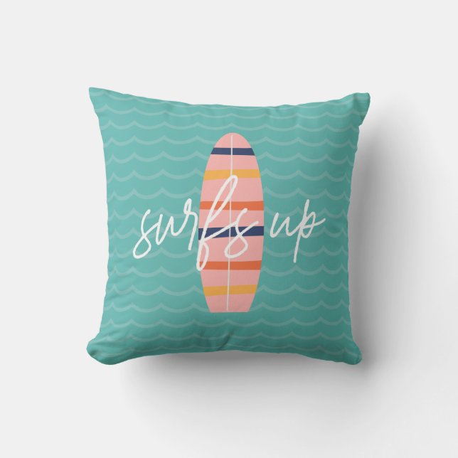 Surfs Up Pink surfboard and waves Throw Pillow (Front)