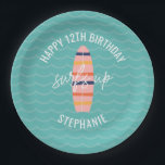 Surfs Up Pink surfboard Birthday Party Paper Plate<br><div class="desc">surfs up pink surfboard and waves personalized birthday party plates.</div>