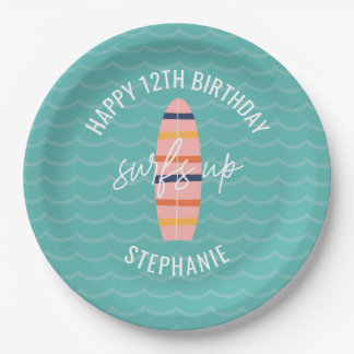 Surfs Up Pink surfboard Birthday Party Paper Plate