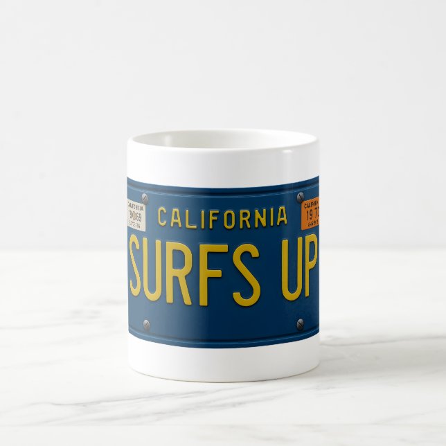 Surfs Up Retro 1969 California License Plate Surf Coffee Mug (Center)