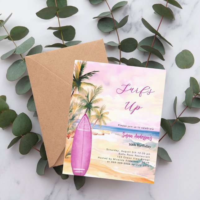 Surf's up retro beach surfboard pink birthday invitation (Creator Uploaded)