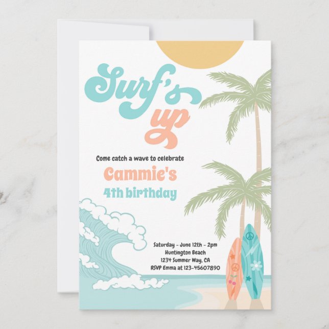 Surfs Up Retro Surfboard Beach Birthday Party Invitation (Front)