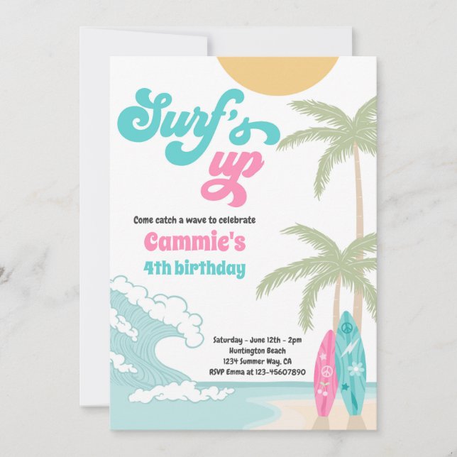 Surfs Up Retro Surfboard Beach Birthday Party Invitation (Front)