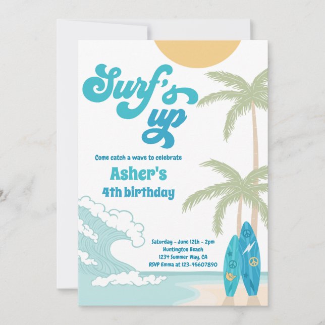 Surfs Up Retro Surfboard Beach Birthday Party Invitation (Front)
