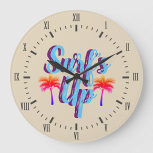 Surf's Up Summer Sunset Palm Trees Large Clock