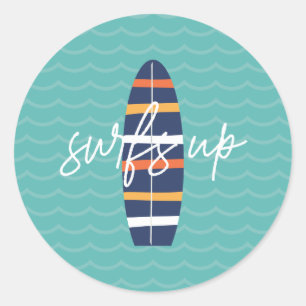 Surfs Up surfboard and waves Birthday Party Classic Round Sticker