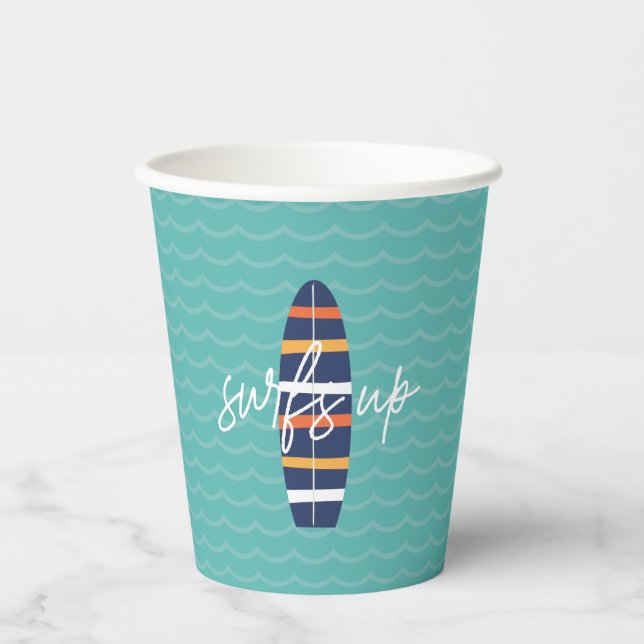 Surfs Up surfboard and waves Birthday Party Paper Cups (Front)